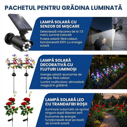 Pachetul Grădina Luminată: 2 Lămpi Solare + Fluturi + Trandafiri
