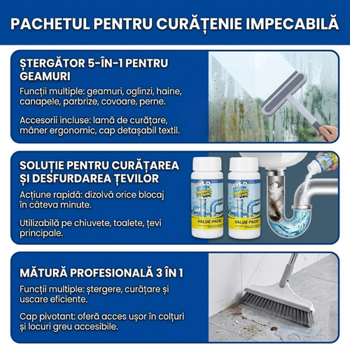 Pachetul Curățenie Completă: Geamuri + Țevi + Podele
