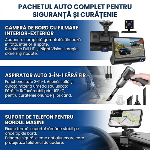 Pachetul Auto Premium: Cameră Bord + Aspirator + Suport
