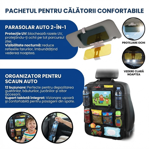 Pachetul Auto Esențial: Parasolar + Organizator Scaun
