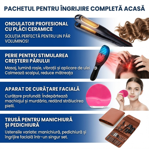 Pachet Frumusețe și Îngrijire: Ondulator Profesional + Perie 4-în-1 + Aparat Curățare Facială + Trusă Manichiură