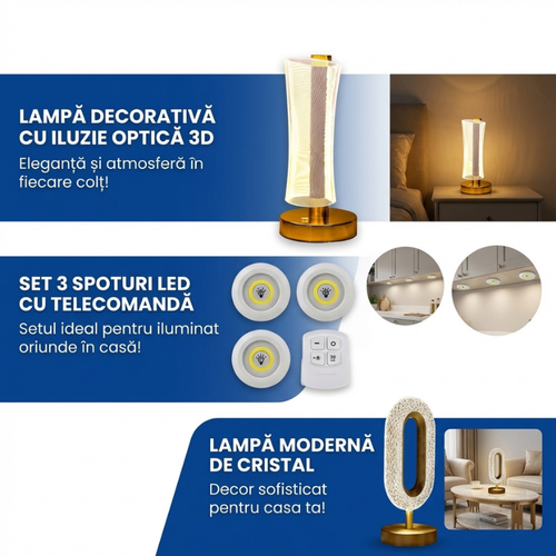 Pachetul Decor Interior: Lampă 3D + Spoturi LED + Veioză Cristal