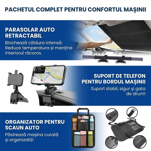 Pachetul Auto Complet: Parasolar + Suport + Organizator