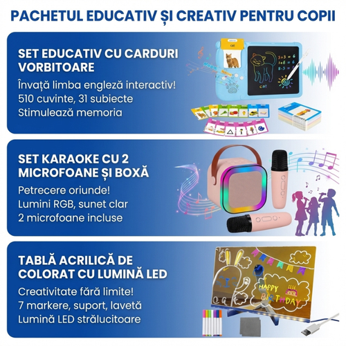 Pachetul Copil Geniu: Carduri Vorbitoare + Tablă LED + Set Karaoke