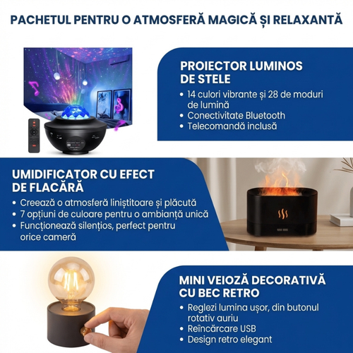 Pachetul Decor & Atmosferă: Proiector Stele + Umidificator + Veioză