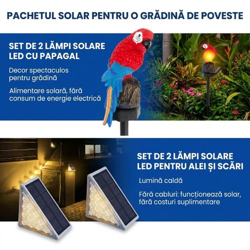 Pachetul Decorativ pentru Exterior: Papagali Solari + Lămpi pentru Scări