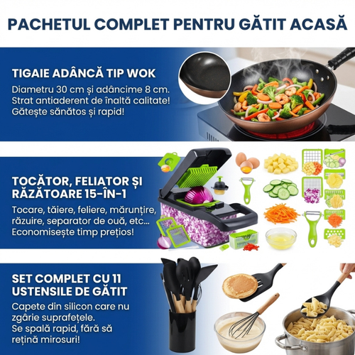 Pachetul Bucătăria Completă: Tocător + Ustensile + Wok